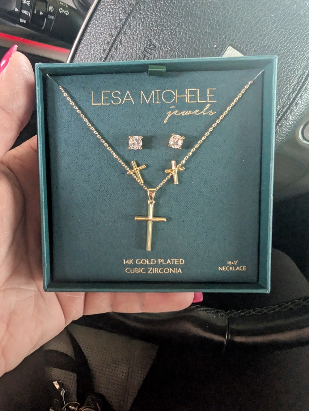 Lesa Michele Gold Cross Necklace Set + 2 Earrings CZ & Cross NWT - Picture 6 of 8